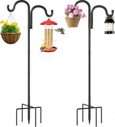 COSANSYS 2PCS Double Shepherds Hooks For Outdoor 100cm Heavy Duty Bird Feeder Pole With 5 Prong Base, Adjustable Shepherds Hook For Bird Feeders Outside, Garden, Weddings, Hanging Plants, 2 Pack, Black