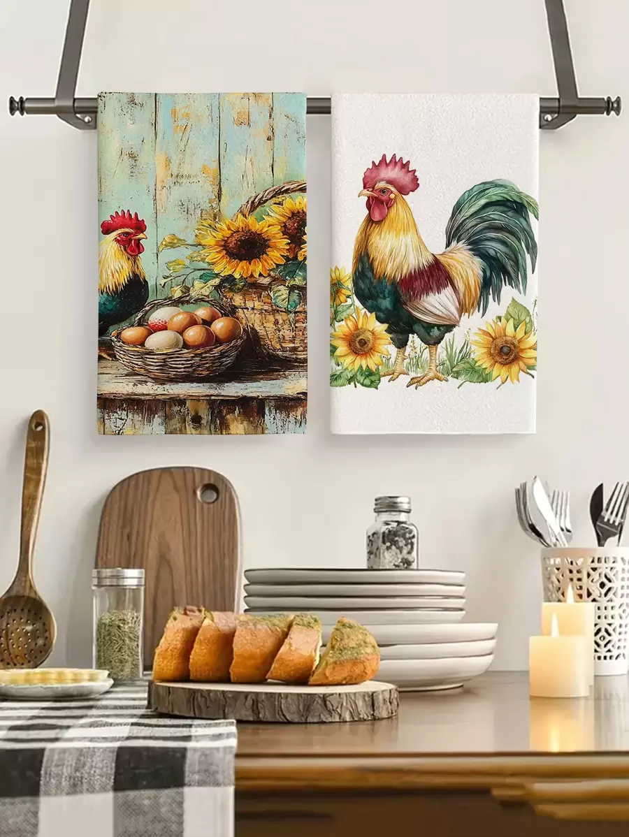 2pcs Spring & Summer Rooster Pattern Kitchen Hand Towels, Bathroom Towels, Dish Towels, Decorative Kitchen Table Accessories, Seasonal Home Kitchen Bathroom Decor, Indoor/Outdoor Party Supplies, Home Room Decor, Suitable For Daily Kitchen Decoration And Holiday Decor
