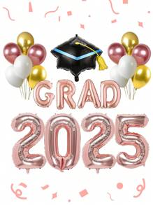 Set de 21 piezas Globos Kit de Graduación "2025" en color oro rosa, de aproximadamente 80 cm de altura, que incluye 1 globo de lámina con banner "GRAD" de 16", 1 globo gigante de birrete de graduación negro, y 10 globos de látex metálicos de 10" en dorado, oro rosa y blanco, ideal para ceremonias de graduación, celebraciones y decoración de la fiesta de graduación 2025 - Oro rosa - Ver 8