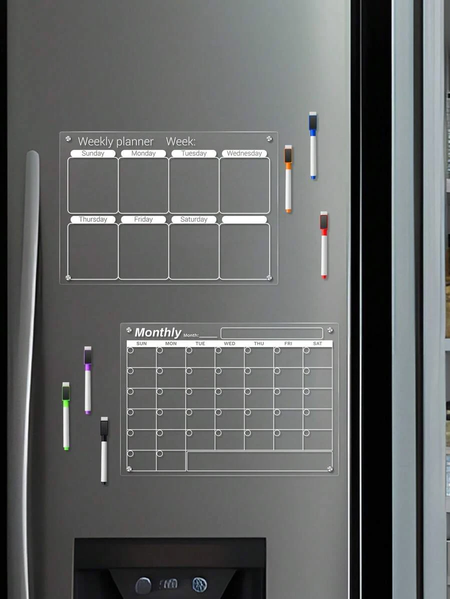 一套亚克力书写板，透明图案备忘板，可重复使用干擦板，周/月计划磁性冰箱贴