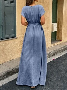 女士亚麻纹理 A 字形褶皱长裙 - 藏蓝色 - 查看 3