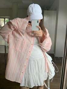 轻质防晒衬衫，宽松设计休闲长袖条纹，宽松版型 - 粉色 - 查看 4