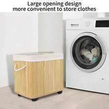 Bamboo Laundry Basket, Large Capacity Collapsible Movable Hamper With Lid & Wheels, Rectangular/Round, Space-Saving Storage For Bathroom, Laundry Room, Bedroom Home Bathroom Decor Bathroom Accessories Bathroom Organizer Fall Decor Back To School - Bamboo Original Color - View 9