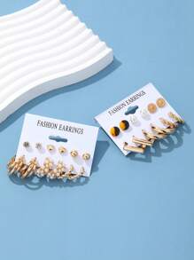 24pcs Simple Rhinestone Faux Pearl Metal Geometric Earrings Earrings Women's Vacation Date Gifts Daily Matching - Yellow Gold - View 4