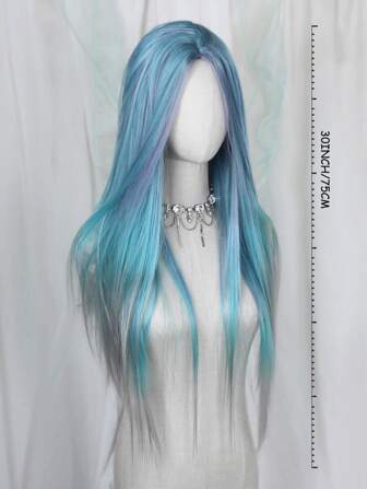30 '' Mermaid Wig Ombre Blue Wig Mixed Lilac Gray 76 Cm Long Straight Hair Wig , Elegant Mermaid-Inspired Long Straight Hair Blue Mixed Wig Heat-Resistant Synthetic Wig For Women And Girls Cosplay Daily Photo Use Mixed Violet Light Blue Green Gray