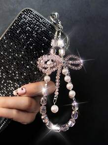 1 件水晶蝴蝶结手机链带、3D 水晶蝴蝶钥匙扣吊饰、珍珠手腕手机挂绳 - 彩色 - 查看 7