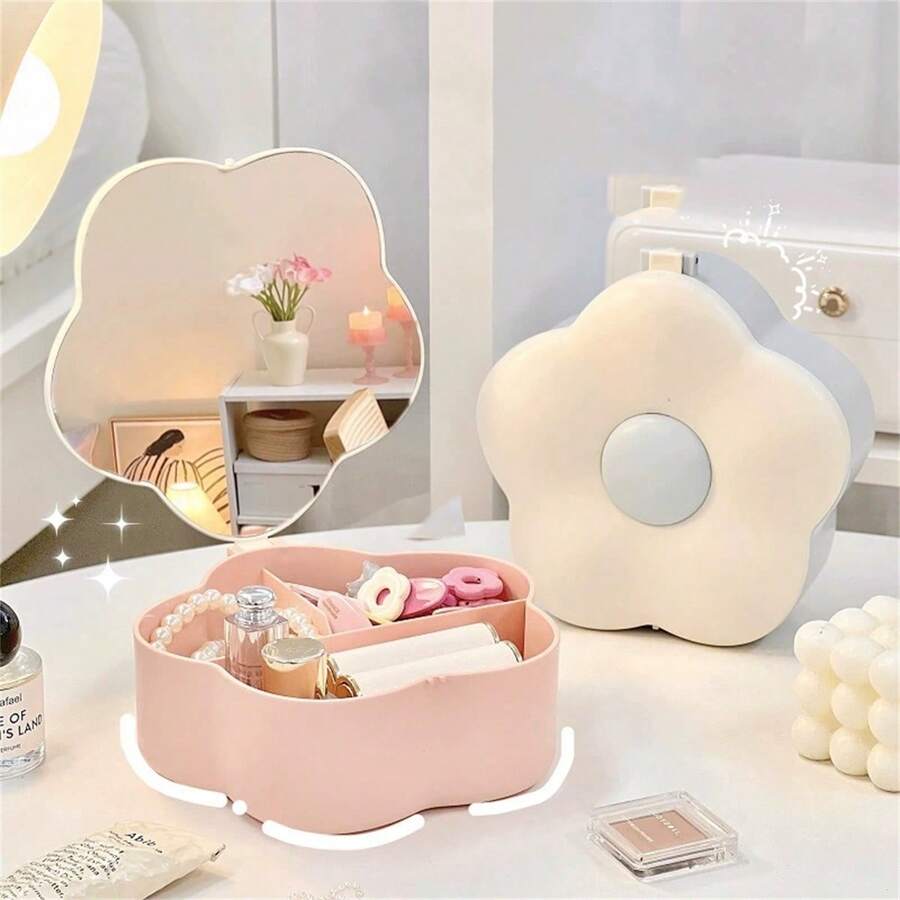 Flower-Shaped Storage & Makeup Mirror With Large Capacity Organizer Box
