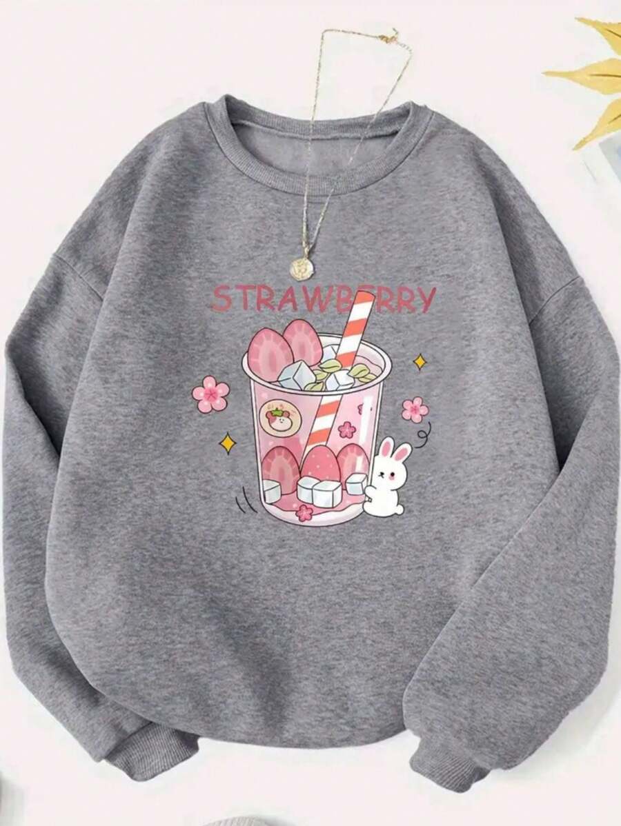 Moelton Crew Neck Strawberry Print 100% Cotton Cute - 灰色 - 查看 1