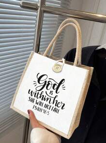 Simple Pattern Christian Printed Linen Tote Bag, Perfect For Travel And Vacation, Best Gift To Express Faith, Button Decorated Shopping Bag Double Handle, Tote Bag, Reusable, Suitable For Wedding, Birthday, Beach, Festival, Perfect For Graduates, Teens, Freshmen, Sophomores, Teens, College And High School, Outdoor, Travel And Back To School