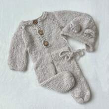 新生儿摄影道具，男女宝宝服装，柔软马海毛熊耳朵帽和连体衣，婴儿摄影服装套装，婴儿派对复活节礼物，男女宝宝用品