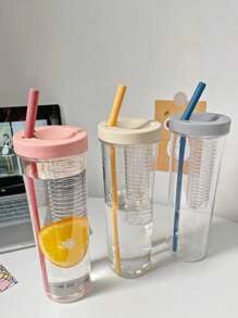 1pc Large Capacity Plastic Fruit Infuser Water Bottle With Straw And Removable Filter, 900ml - Multicolor - View 9