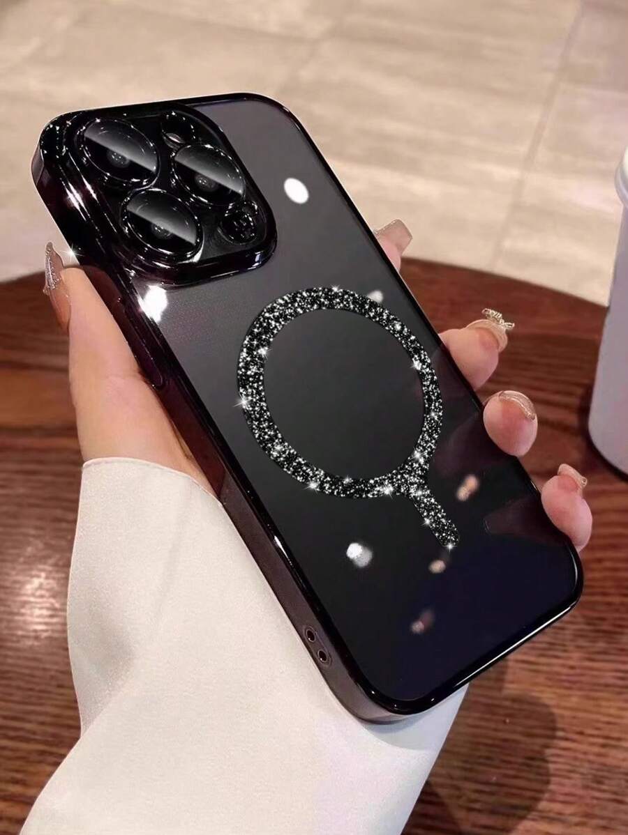1pc Transparent Electroplated Shockproof Silicone Case With Glitter Magnetic Ring, Protective Phone Case Made Of TPU Material Compatible With IPhone 15 Pro Max, 16 Pro Max, 16 Pro, 11, 12, 13, 14 Pro Max, 14 Pro, 13 Pro Max, 16, 17, 17 Pro, 17 Pro Max, Supports Wireless Charging - Black - View 1