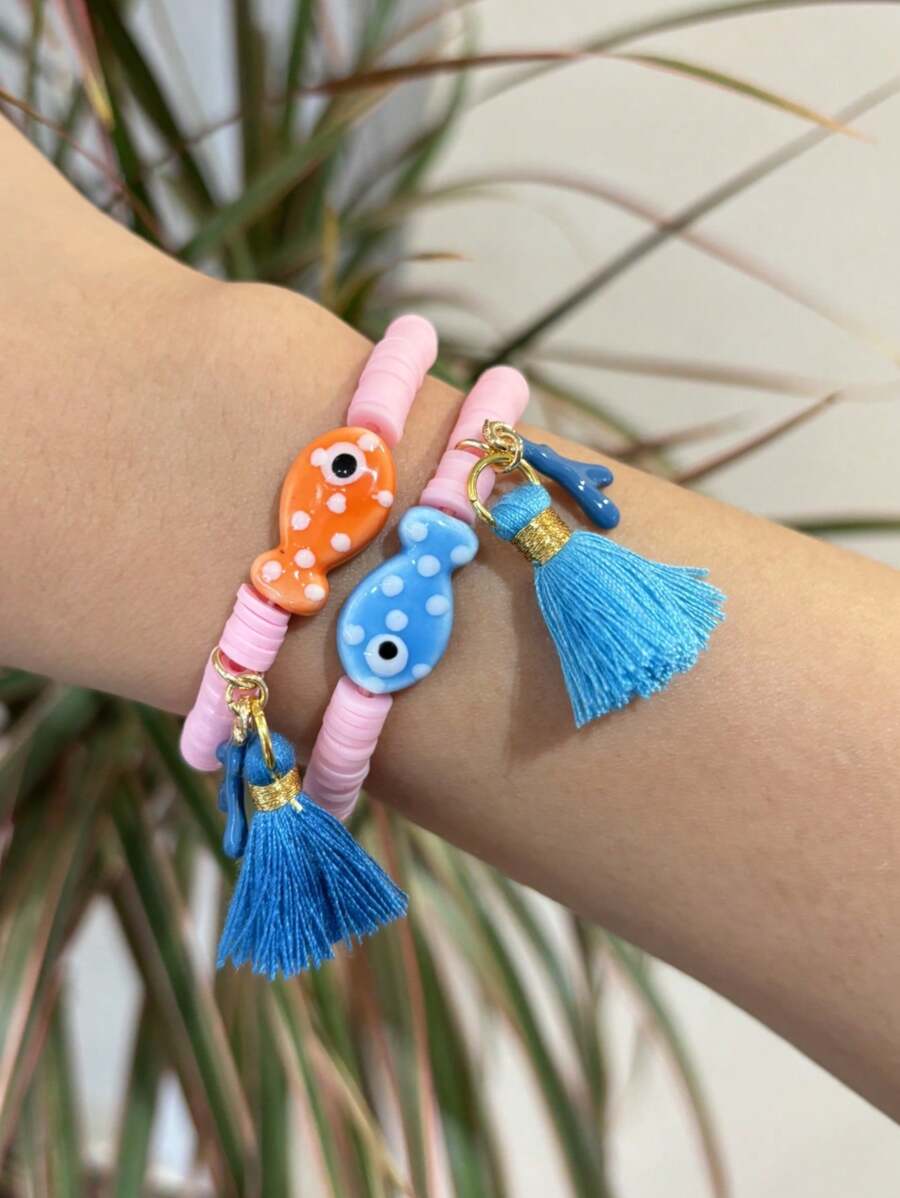 2pcs Set Marine Fish & Coral Tassel Pendant Polymer Clay Bracelet, Suitable For Beach Holiday Party Wear
