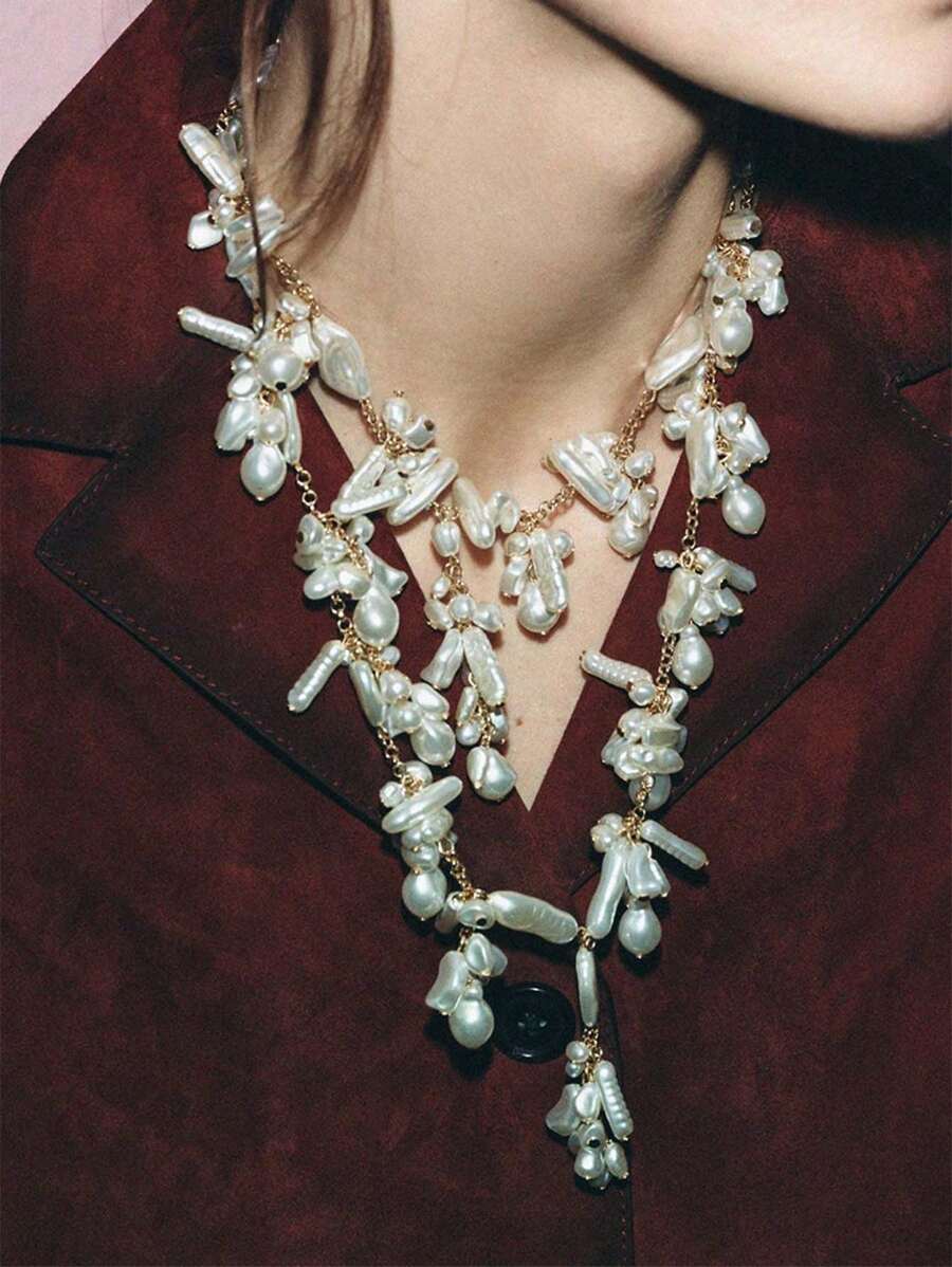 1pc Elegant Fashion Asymmetric Faux Pearl Layered Baroque Style Necklace For Women - Flower Necklace - View 1