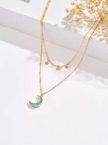 Nooxian 1pc Gold-Tone Chain Necklace With Star & Moon Pendant, Fashion Jewelry - Minimalist Personalized Delicate Blue Moon & Star Choker Necklace (Random Zirconia, Star, Pearl Quantity) (No Gift Box) - Yellow Gold - View 5
