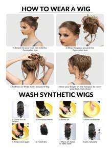 合成髮髻扩展套，凌亂捲曲的彈性髮圈假髮，淺棕色合成髮團，上蓬鬆髮型用於女性 - 黑色 - 查看 7