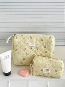 Bolsa de maquillaje de tela suave con patrón floral sobre fondo amarillo, con cierre de cremallera. Bolsa de almacenamiento linda para cosméticos, artículos de tocador, uso doméstico, viajes y mujeres