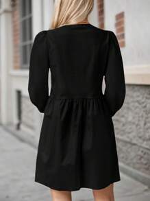 SANOPY Dresses For Women,Casual Dresses For Women,Puff Sleeves Cute Doll Dress A-Line Bust Lace Up, Solid Color Long Sleeves Short Dress - 黑色 - 查看 2