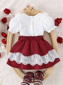 2 件套女婴可爱泡泡袖蕾丝领上衣和蝴蝶蕾丝裙套装，夏季 - 白色 - 查看 2