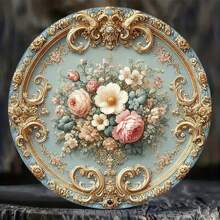 优雅的圆形巴洛克花卉铁艺壁饰 - 奢华金色框架艺术品盘配以鲜艳的花朵，适用于家庭、办公室、酒吧、酒店和农舍装饰，家居装饰 | 花卉设计 | 柔和的色彩饰面，非常适合房间装饰 - 彩色 - 查看 6