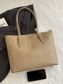 A Retro Fashion Large Capacity Tote Bag, Zip Opening, Stitching, Solid Colour Soft Surface, Lightweight Shoulder Bag. Suitable For Ladies Daily Life Leisure, Commuting, Holiday, Work Use