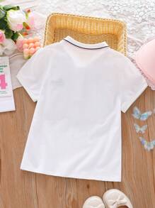 Top Polo Feminina, Estilo Casual Elegante Escolar com Bordado Xadrez, Cor Contrastante na Gola, Camiseta de Manga Curta, Tops de Cor Sólida Respiráveis e Macios, Novos Lançamentos de Verão para Meninas Pré-Adolescentes e Crianças