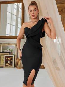 One Shoulder Petal Tight Split Bodycon Dress Graduation Cocktail Party Bandage Dress, Semi Formal Dress, For Birthday, Wedding Guest, Dinner, Homecoming - Black - View 5