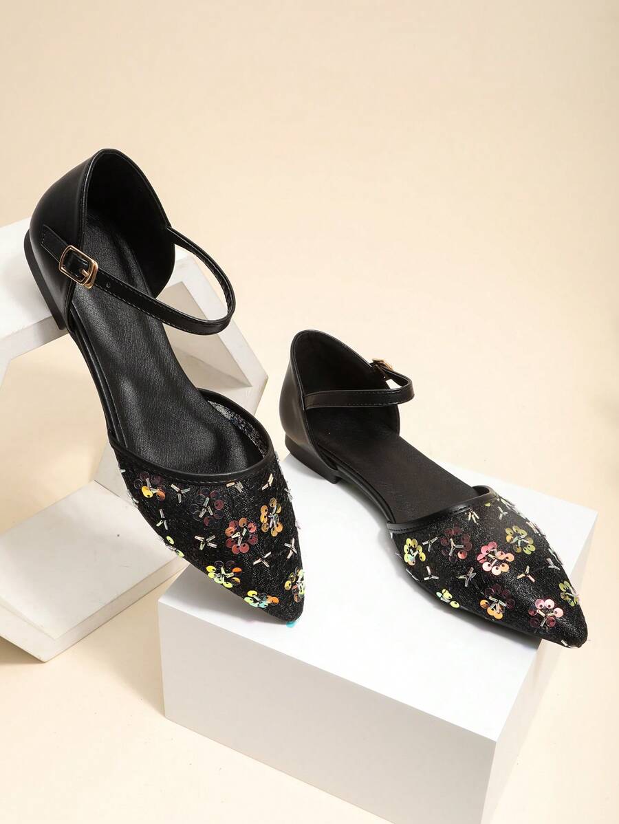 Damen Mode Pailletten Mesh Spitzschuh elegante Ballerinas
