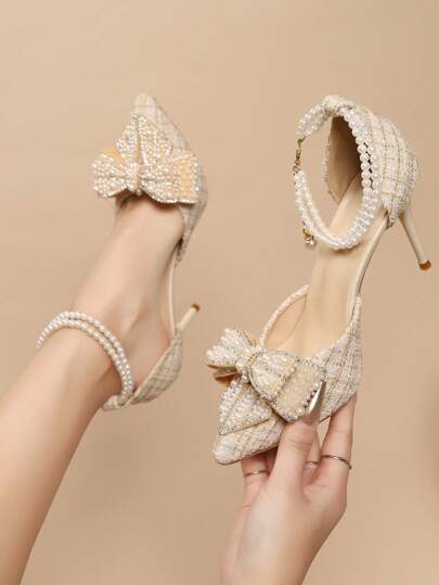 2025春夏新款尖头高跟鞋，饰有水钻、蝴蝶结和透明仙女带，法式凉鞋，优雅女士高跟鞋，适合派对、婚礼等场合。