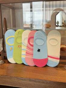 5 Pairs Random Dopamine Printed Low Vamp Invisible Boat Socks For Women, Cute Color-Blocking, Insole-Free, Non-Slip, Suitable For Spring/Summer - Multicolor - View 1