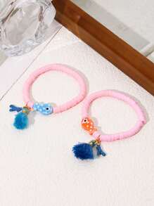 2pcs Set Marine Fish & Coral Tassel Pendant Polymer Clay Bracelet, Suitable For Beach Holiday Party Wear