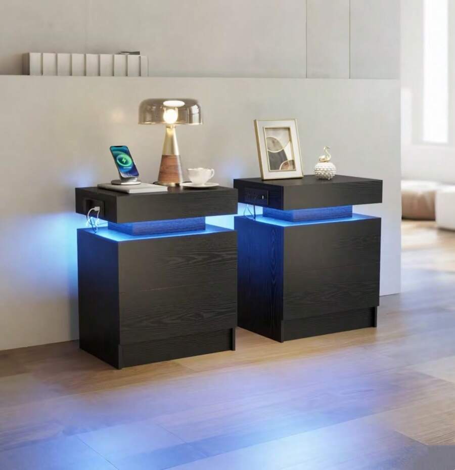 Locker, Night Stand Set Of 2, Modern Nightstand With With Charging Station, Bedside Tables With LED Light And Drawers, End Table For Bedroom, Living Room, White/Black
