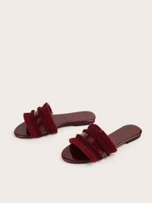 酒红色亮面毛绒球流苏波西米亚风平底凉鞋，女款，毛绒球装饰的数量和长度随机，适合春夏穿着。 - 酒紅色 - 查看 5