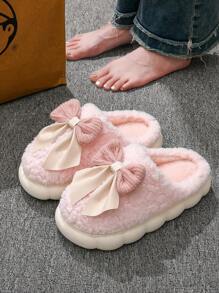 Women's Bow Plush Slippers, 2025 New Autumn/Winter Indoor Warm Non-Slip Slippers, Thick Sole Home Shoes, White & Khaki