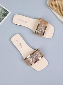 Women's Rose Gold Round Toe Slide Sandals, Casual Beach Flat Flip Flops