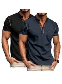 2pcs Men's T-Shirts, Summer Henley Neck Colorblock Short Sleeve, 2025 Popular Men's Casual Slim Fit Outdoor Tops Tees, Men's New Button POLO Shirts, Gift For Boyfriend's Birthday, Men's Vacation