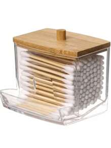 1 pieza Soporte acrílico para hisopos con tapa de bambú, dispensador pequeño transparente para hisopos, soporte plástico para palillos para los oídos, recipiente de almacenamiento para mondadientes, organizador decorativo de encimera para baño