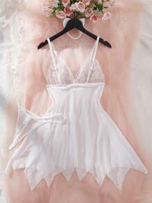 Women's Solid Color Mesh Contrast Lace Sheer Sexy Slip Dress - White - View 3