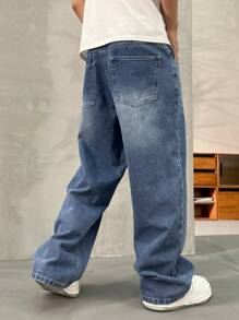 HEHCN 男士口袋阔腿宽松牛仔裤，蓝色休闲街头风格裤，适合送给丈夫或男朋友 - 藍色 - 查看 5
