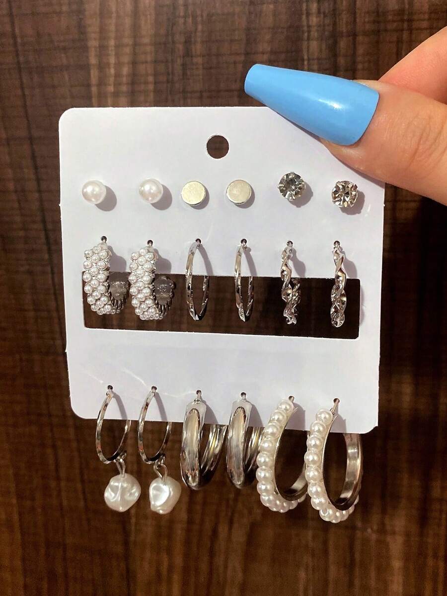 9 paar elegante minimalistische kristal- en parelversierde oorbellencombinatieset, geschikt voor dagelijks gebruik