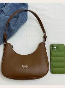 Simple New Bow Decor Solid Color PU Leather Handbag, Lightweight Outdoor Travel Vacation Crescent Bag, Elegant Business Commuting Underarm Bag For Daily Office Use, Versatile Street Shopping Cell Phone Coin Baguette Bag, Women Shoulder Bags