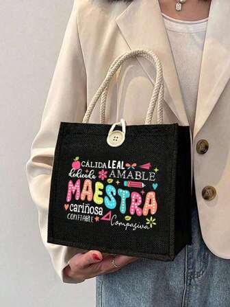 MAESTRA 字母图案收纳袋，亚麻手提袋，教师节礼品袋，送给老师的礼物，便携式购物袋，轻便可折叠收纳袋，简易购物袋，护士，医生，老师感谢收纳袋，送给老师，送给母亲的礼物，个人旅行化妆品，购物袋，大容量收纳，永远最好的教师节礼物