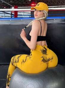 Summer Workout Tie Dye Seamless High Waisted Workout Leggings Women Scrunch Butt Lifting Yoga Gym Athletic Pants - Mustard Yellow - View 4