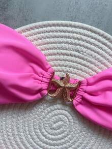 Women Solid Color Bandeau Bikini Top And Bottom Swimwear Set