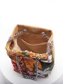 1pc Multi-Color Linen Textured Bucket Bag With Sequin Embroidery, Fashionable Shoulder Bag - Multicolor - View 7