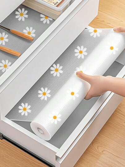 1 Roll Daisy Drawer Liner, Non-Slip Shelf Liner Roll, EVA Cabinet Mat, Decorative Kitchen Organizer, Gray Daisy Pattern ,Dehumidifier For Home