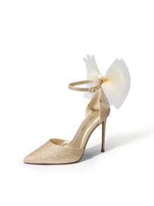 Women High Heels Strappy Closed Toe Stiletto Pointed Toe Mesh Bows Ankle Strap D'Orsay Prom Wedding Party Pumps Shoes - Vàng - Xem 6