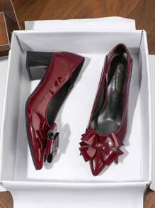 Women's High Heel Pumps With Bowknot Decor, Pointed Toe, Wine Red Patent Leather, Rubber Sole, Block Heel, Romantic College Style, High Heels For Party, Bridesmaid, Bride Wedding