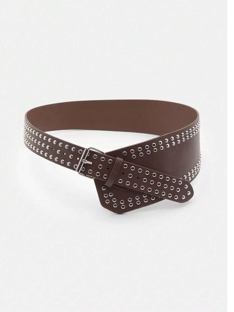 1 Pc Women's Vintage Punk Studded Faux Leather Belt - Brown - View 1