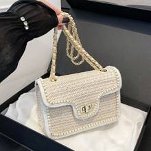 Women's Hand Woven Straw Woven Handbag, Lightweight Beach Summer Beach Vacation Shoulder Handbag, Pearl Edging, Fashionable And Simple Flip Top Crossbody Small Square Bag - Beige - View 8